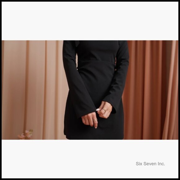 Long Sleeve Mini Dress Boat Neck Tie Shoulder Ruched Bodycon - Picture 6 of 6